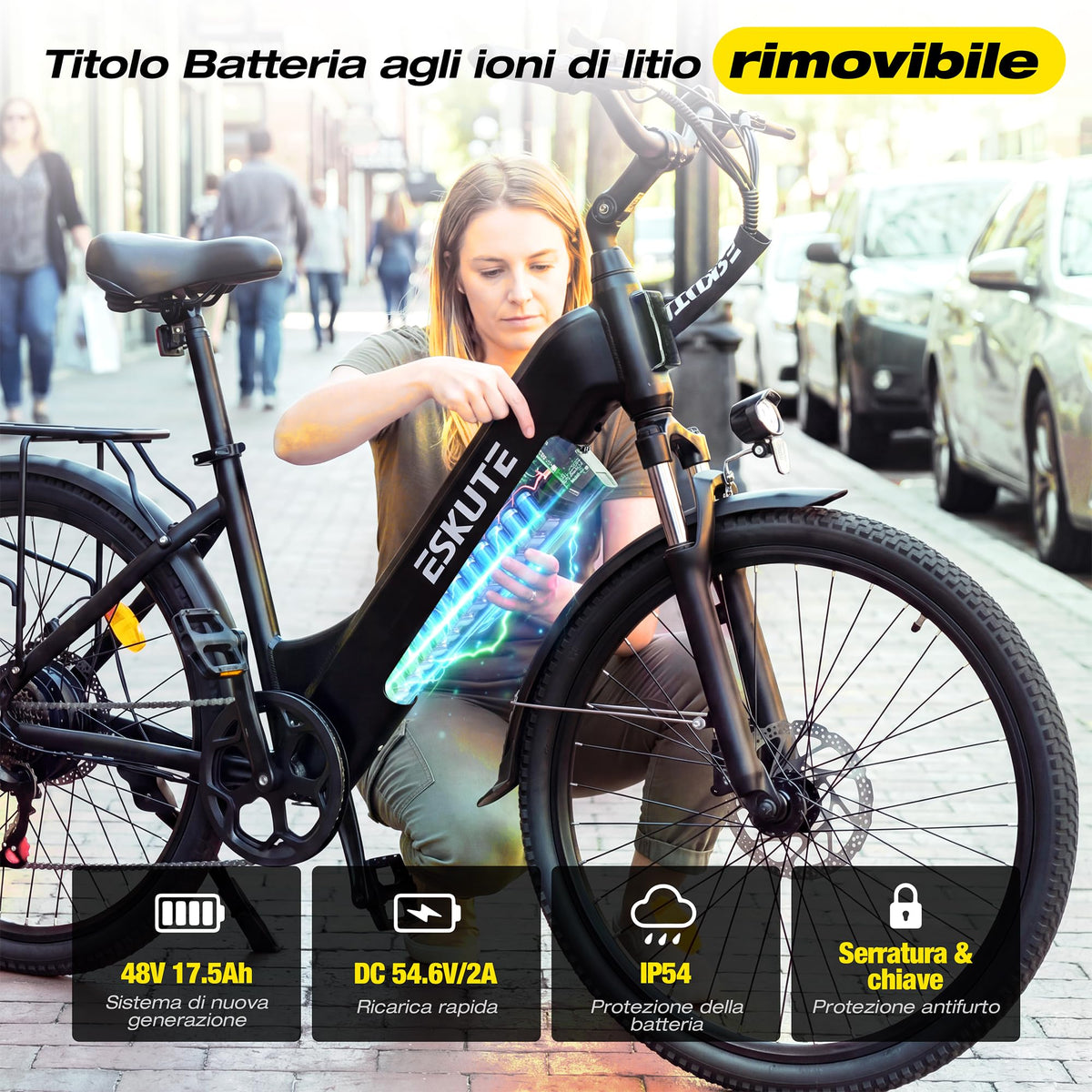 ESKUTE C202 Bicicletta Elettrica 48V 17,5Ah per Adulti 26”, Batteria Rimovibile, E-Bike da Città per Pendolari, Cambio 7 Velocità, 25 km/h, Autonomia fino a 110 km