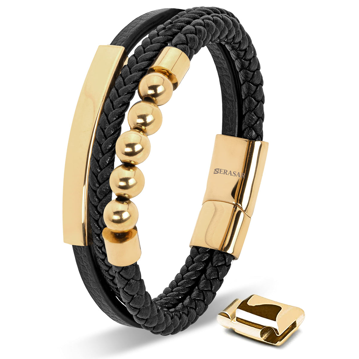 SERASAR - Bracciale da uomo in pelle di alta qualità, con chiusura magnetica in acciaio inox, nero, argento e oro, con scatola per gioielli, ottima idea regalo