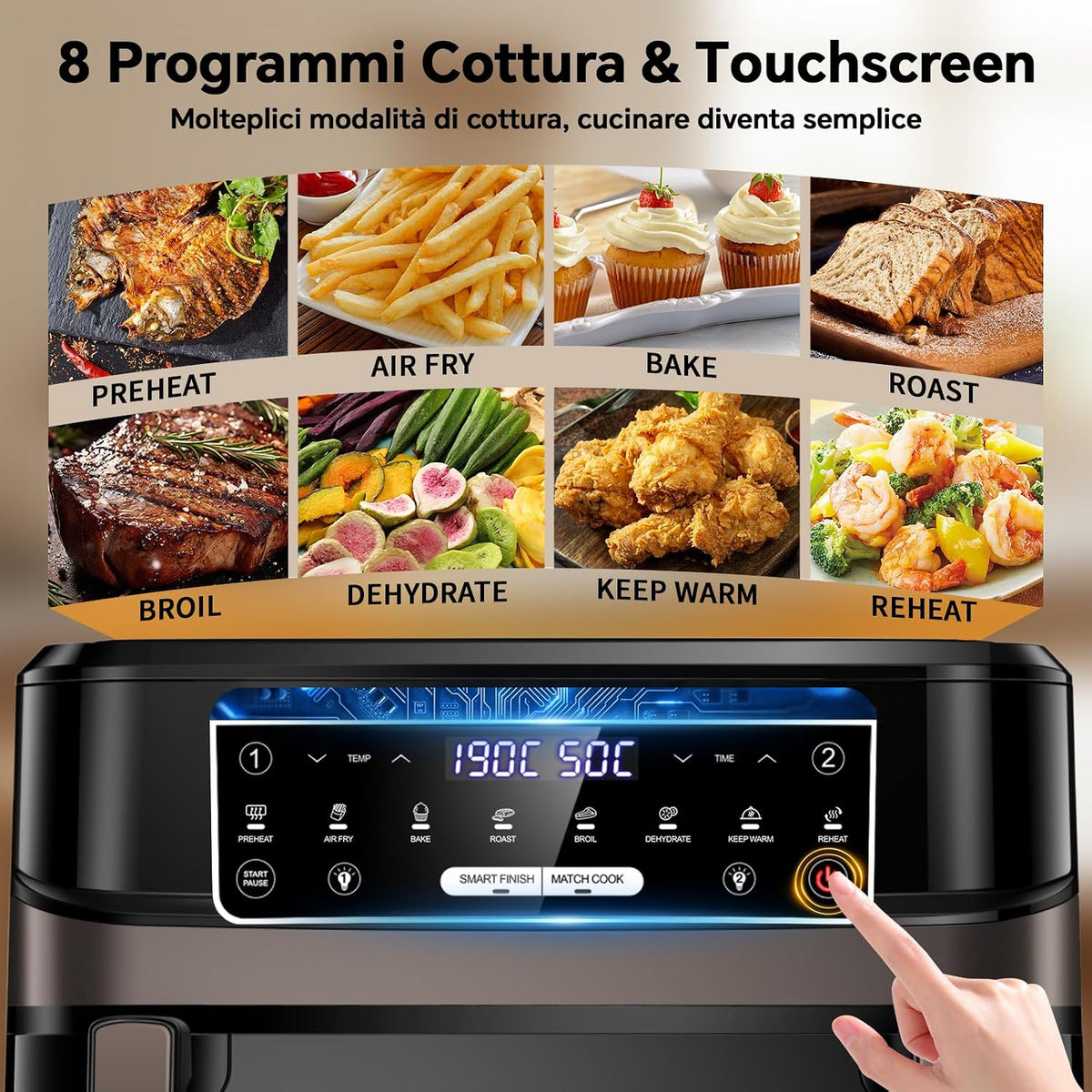 Friggitrice ad Aria 12L | Friggitrice Aria XXL Modalità Flessibile 1 o 2 Zone, 2600W Doppia Resistenza Controllo Indipendente Finestra & Luce Interna, Air Fryer Grande 8-in-1 Touch Control Ricettario