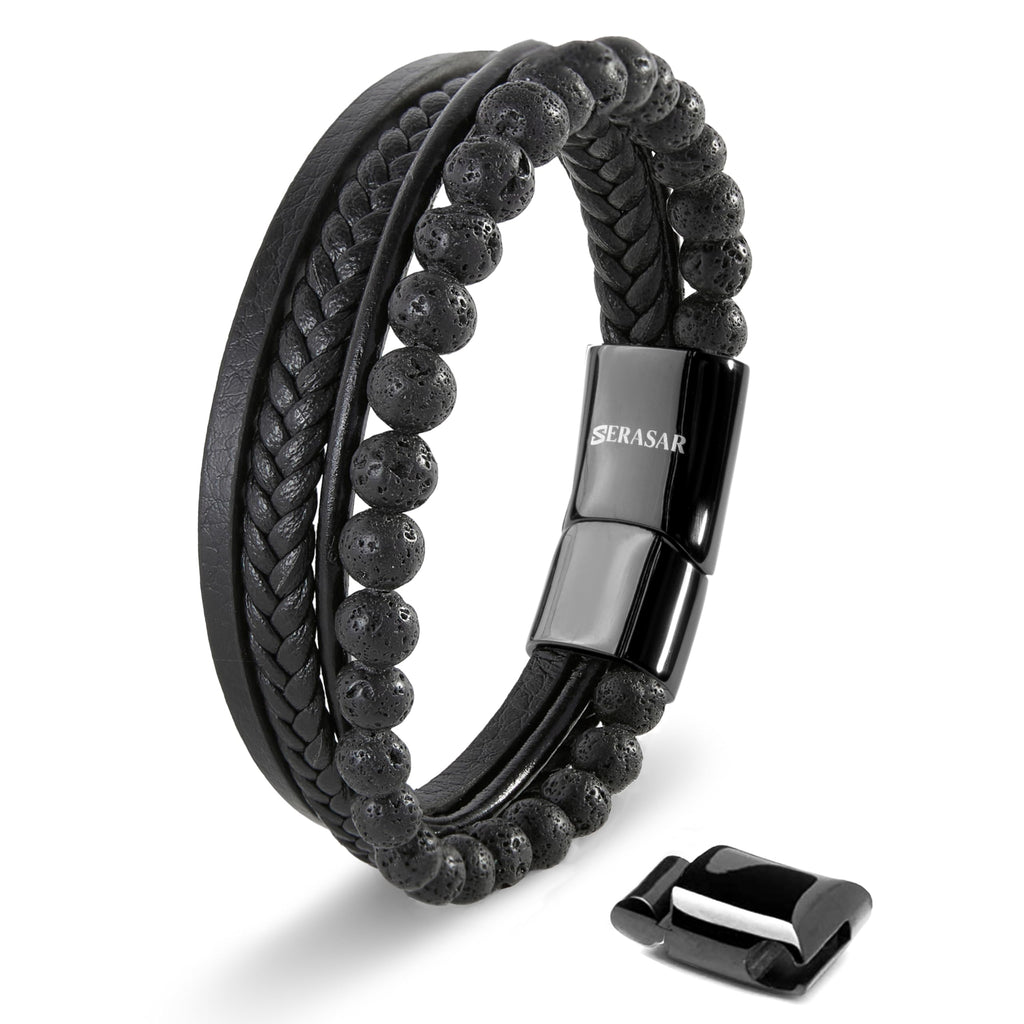 SERASAR Bracciale Uomo Pelle Nera/Marrone, 3 Misure, con Confezione Regalo