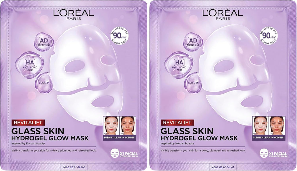 L'Oréal Paris Glass Skin Maschera in Idrogel, Per Tutti i Tipi di Pelle, Pelle Luminosa e Radiosa, Risultati Istantanei, Trend Coreana, Con Acido Ialuronico e Centella Asiatica, Revitalift, 1x37gr