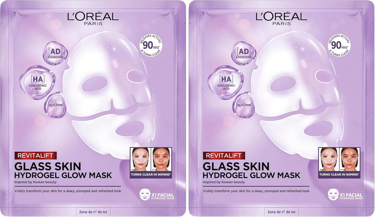 L'Oréal Paris Glass Skin Maschera in Idrogel, Per Tutti i Tipi di Pelle, Pelle Luminosa e Radiosa, Risultati Istantanei, Trend Coreana, Con Acido Ialuronico e Centella Asiatica, Revitalift, 1x37gr