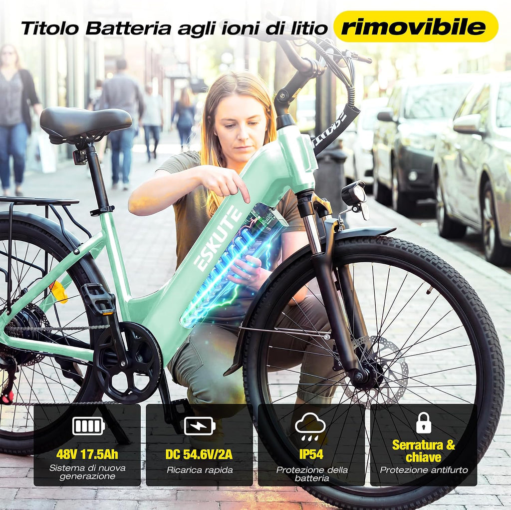 ESKUTE C202 Bicicletta Elettrica 48V 17,5Ah per Adulti 26”, Batteria Rimovibile, E-Bike da Città per Pendolari, Cambio 7 Velocità, 25 km/h, Autonomia fino a 110 km