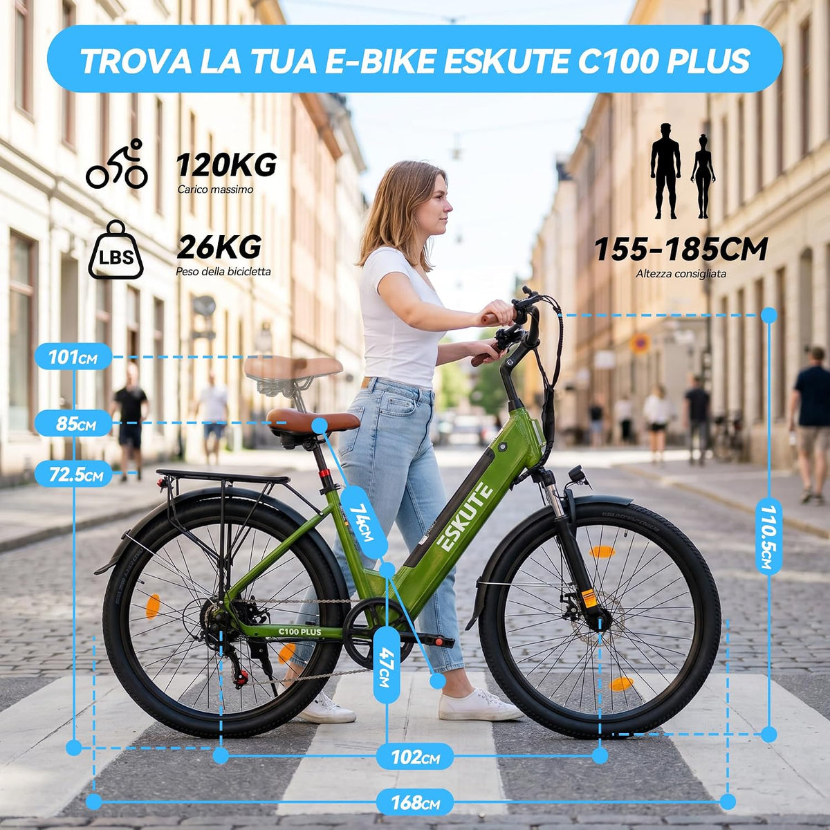 ESKUTE C100 Plus Bici Elettrica, 26 Pollici Bicicletta Elettrica, Motore 250W, Batteria Rimovibile 36V 13Ah, Velocità Massima di 25 km/h, 7 Velocità, Display LCD, E-bike per Adulti