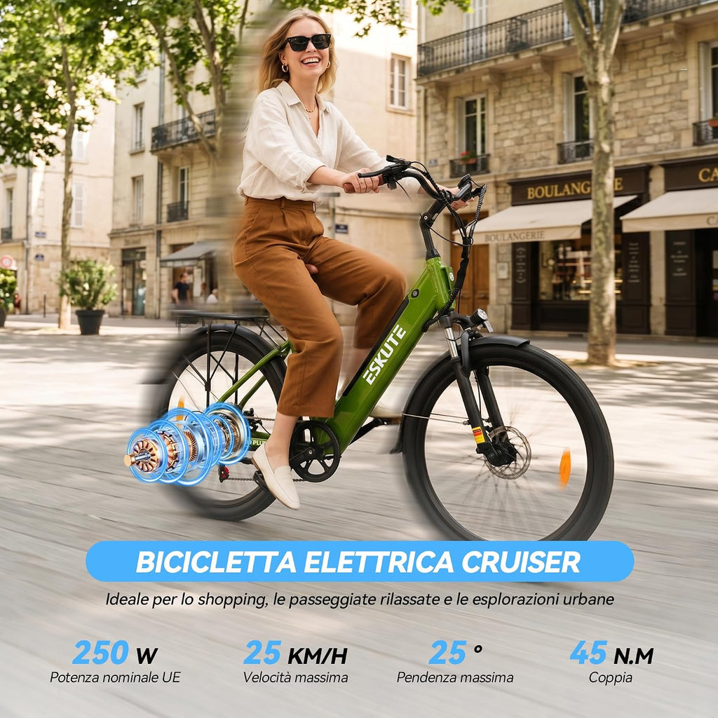 ESKUTE C100 Plus Bici Elettrica, 26 Pollici Bicicletta Elettrica, Motore 250W, Batteria Rimovibile 36V 13Ah, Velocità Massima di 25 km/h, 7 Velocità, Display LCD, E-bike per Adulti