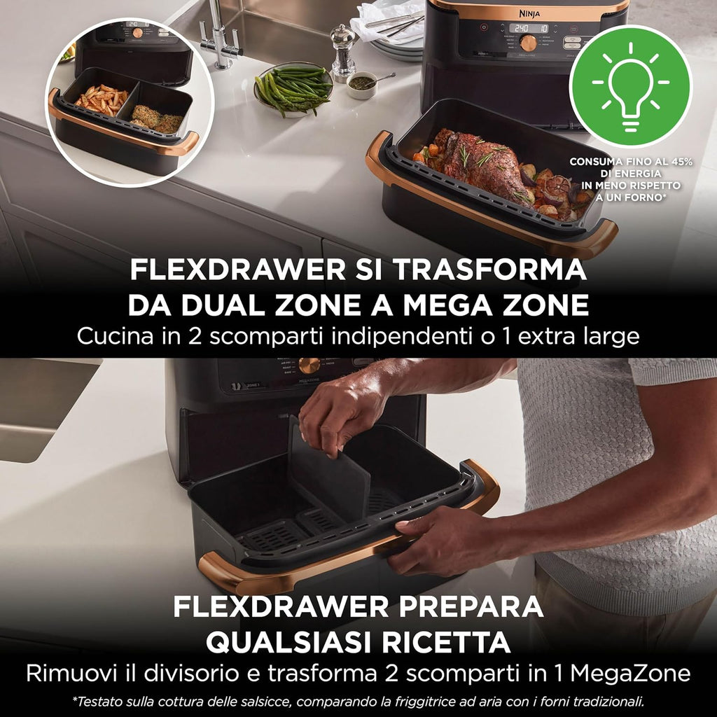 Ninja FlexDrawer, Friggitrice ad Aria XL, Doppia Zona, 10,4L, Nero/Rame