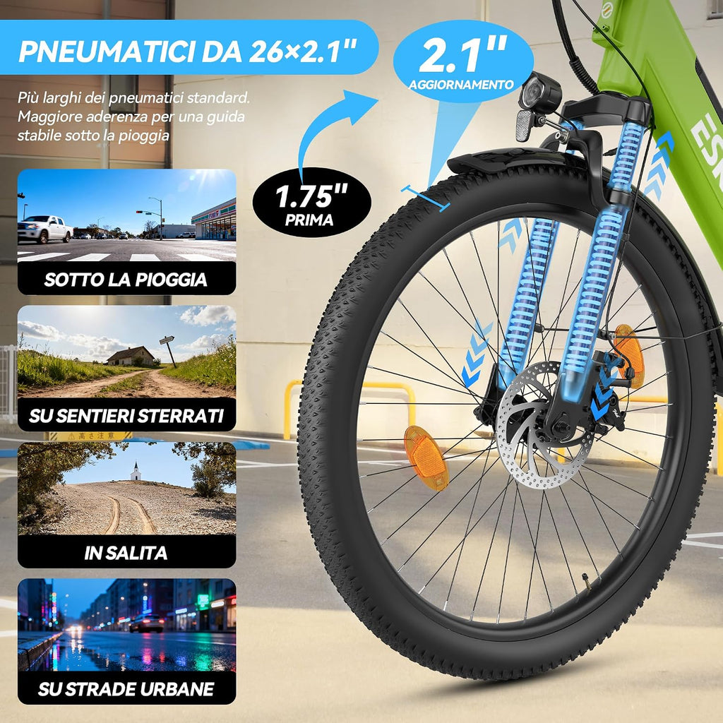 ESKUTE C100 Plus Bici Elettrica, 26 Pollici Bicicletta Elettrica, Motore 250W, Batteria Rimovibile 36V 13Ah, Velocità Massima di 25 km/h, 7 Velocità, Display LCD, E-bike per Adulti