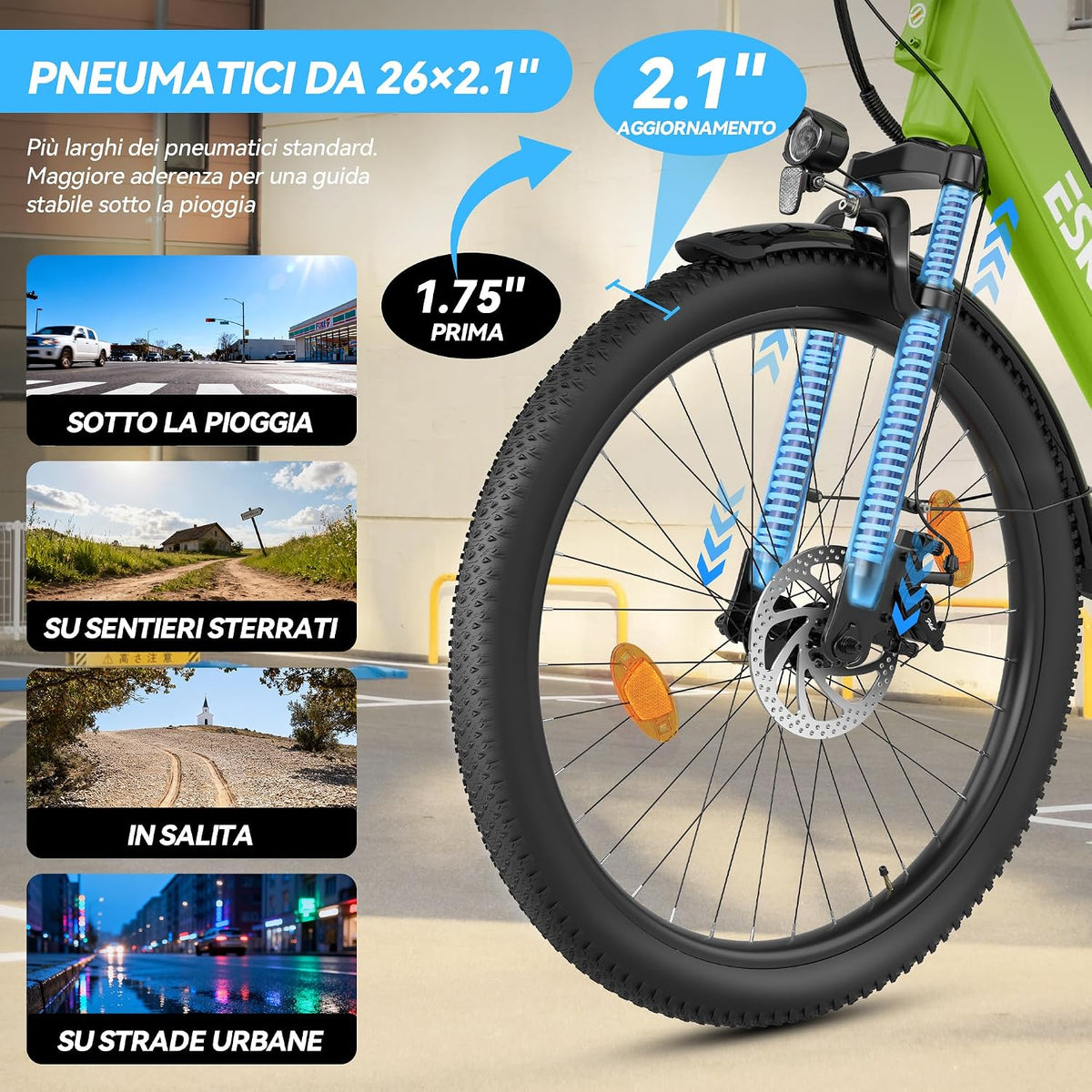 ESKUTE C100 Plus Bici Elettrica, 26 Pollici Bicicletta Elettrica, Motore 250W, Batteria Rimovibile 36V 13Ah, Velocità Massima di 25 km/h, 7 Velocità, Display LCD, E-bike per Adulti