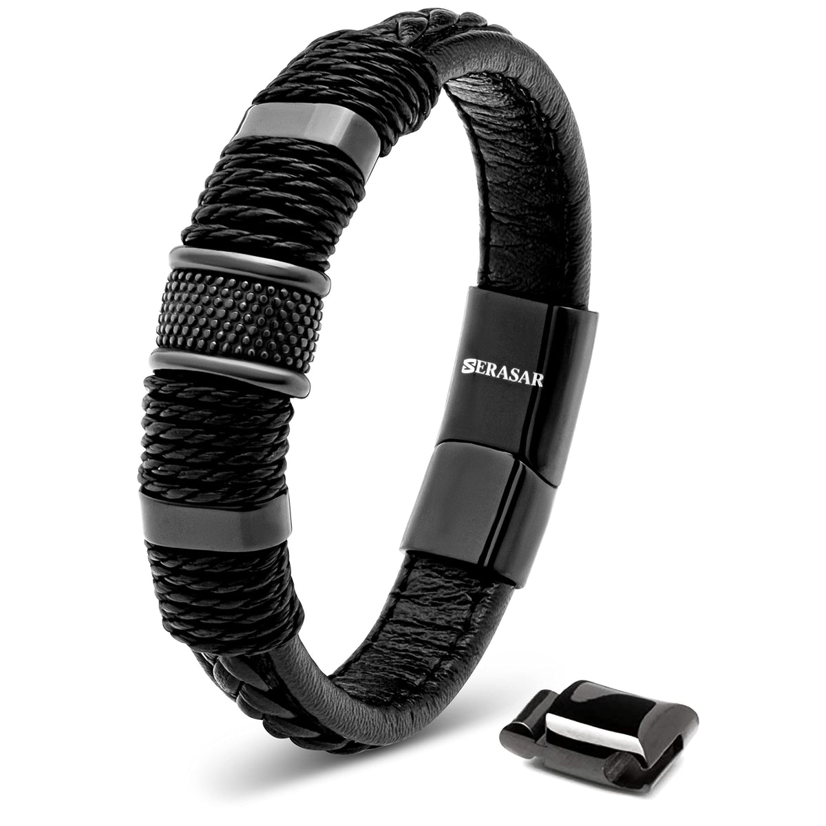 SERASAR - Bracciale da uomo in pelle di alta qualità, con chiusura magnetica in acciaio inox, nero, argento e oro, con scatola per gioielli, ottima idea regalo