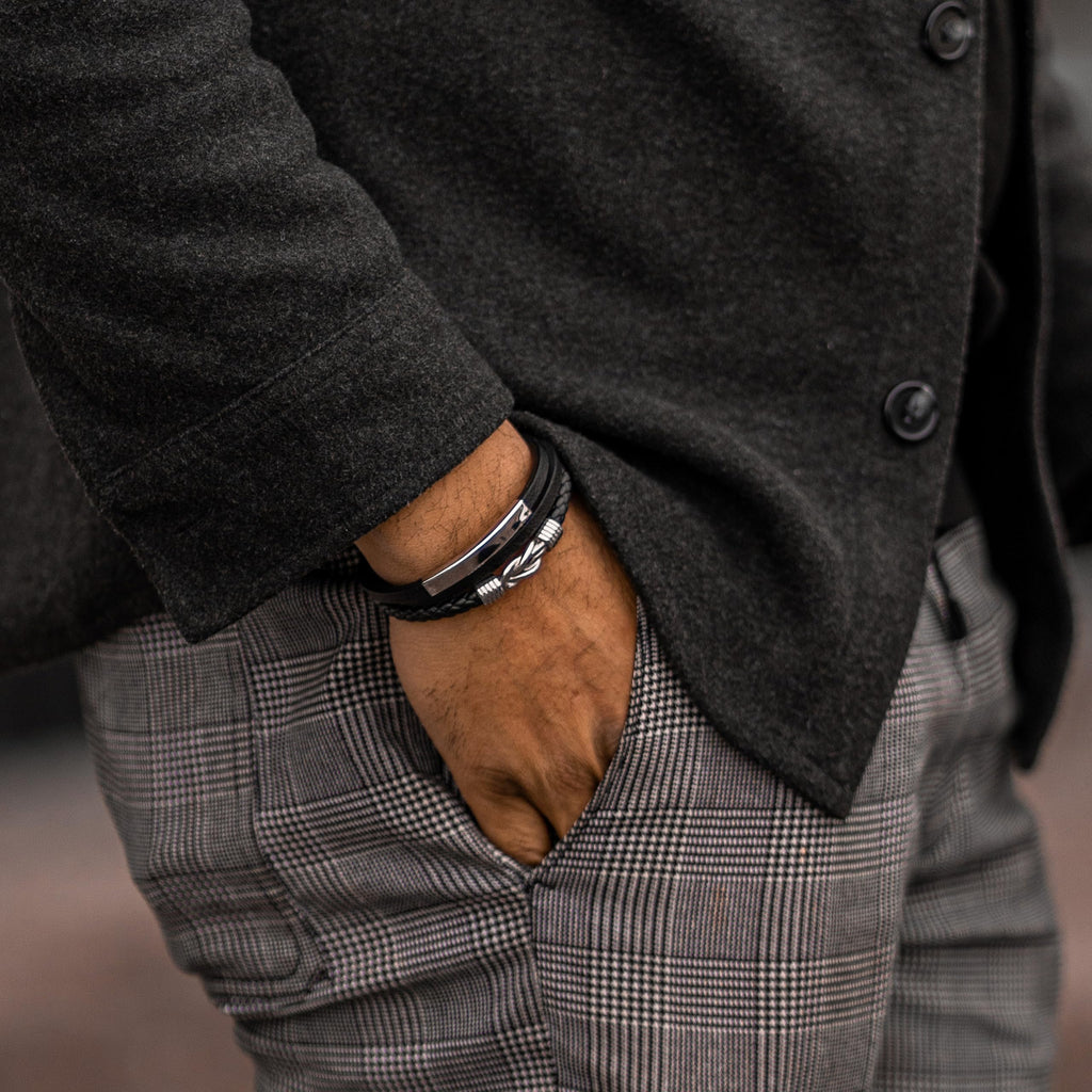 SERASAR - Bracciale da uomo in pelle di alta qualità, con chiusura magnetica in acciaio inox, nero, argento e oro, con scatola per gioielli, ottima idea regalo