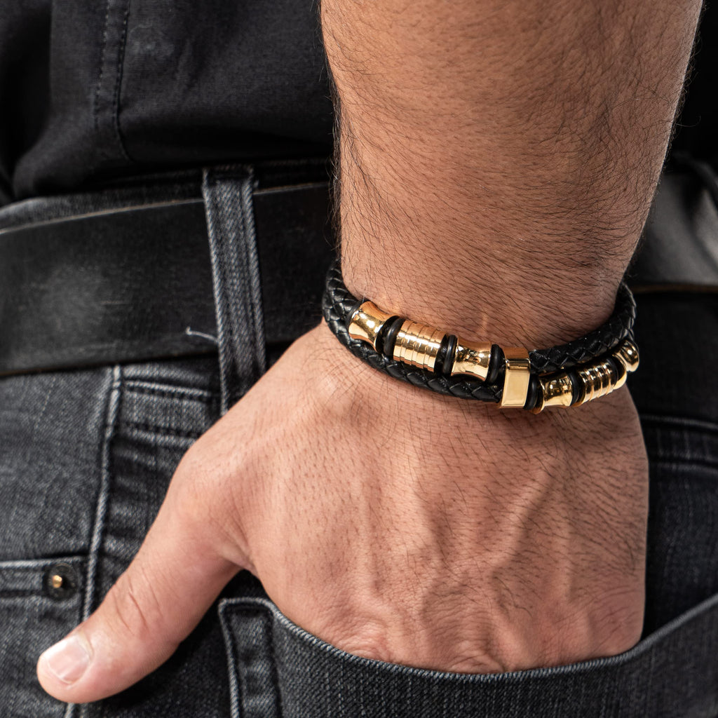 SERASAR - Bracciale da uomo in pelle di alta qualità, con chiusura magnetica in acciaio inox, nero, argento e oro, con scatola per gioielli, ottima idea regalo
