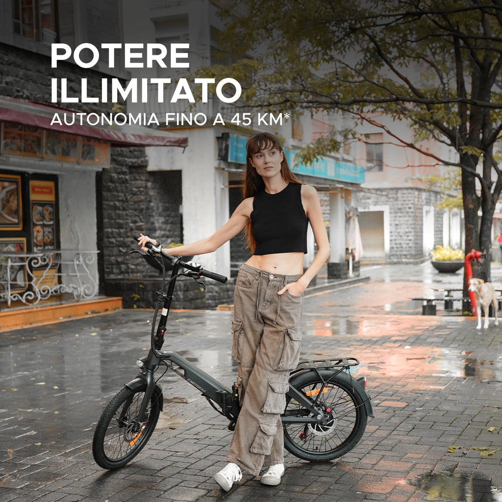 EMotorad V1, Bicicletta Elettrica Pieghevole da Città, Telaio in Lega di Magnesio, Motore 250 W 35 Nm, Batteria Rimovibile 36 V 7,8 Ah, Shimano Tourney 7 Velocità, Freni a Disco Idraulici