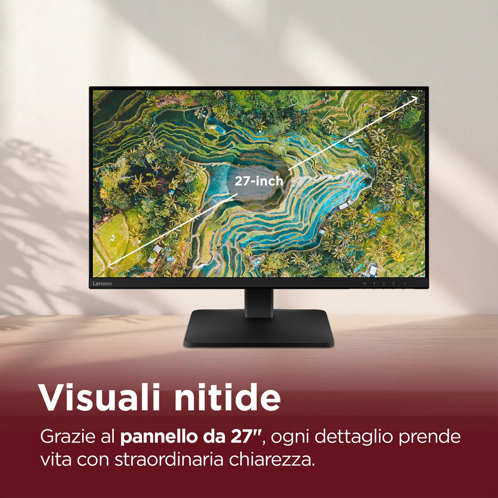 Lenovo L27-45 Monitor IPS 27" Full HD, 144Hz, 1ms, Altoparlanti integrati, HDMI e VGA, Ideale per Gaming, Studio e Home Office, VESA 100x100mm, AMD FreeSync, Inclinazione Regolabile