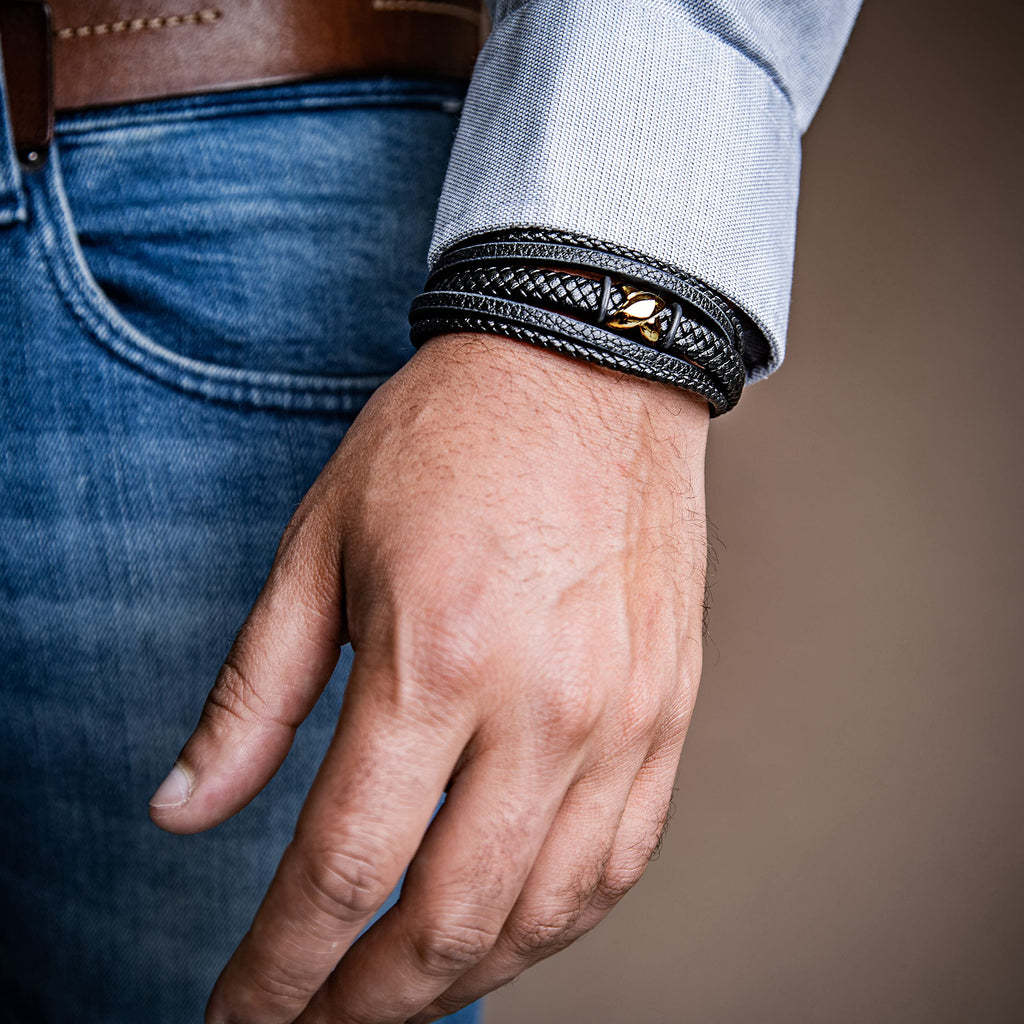 SERASAR - Bracciale da uomo in pelle di alta qualità, con chiusura magnetica in acciaio inox, nero, argento e oro, con scatola per gioielli, ottima idea regalo