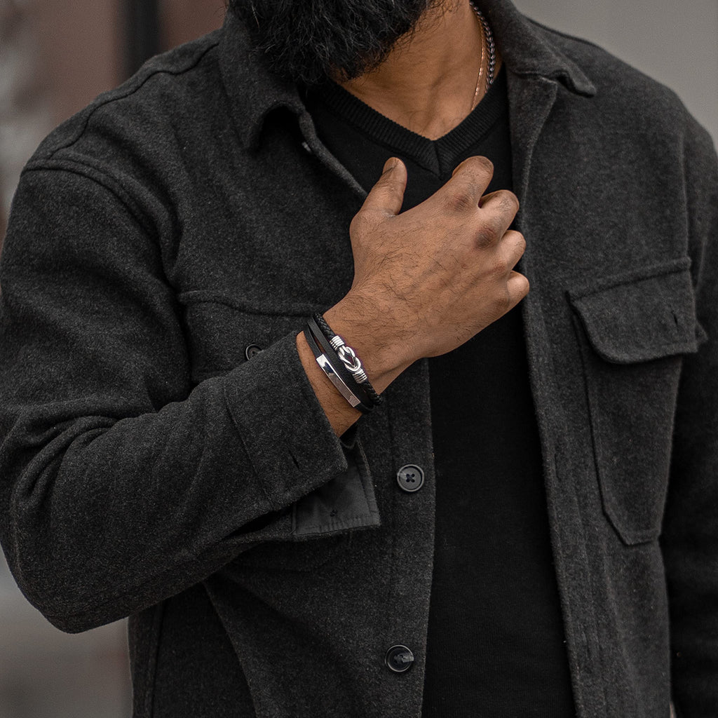 SERASAR - Bracciale da uomo in pelle di alta qualità, con chiusura magnetica in acciaio inox, nero, argento e oro, con scatola per gioielli, ottima idea regalo