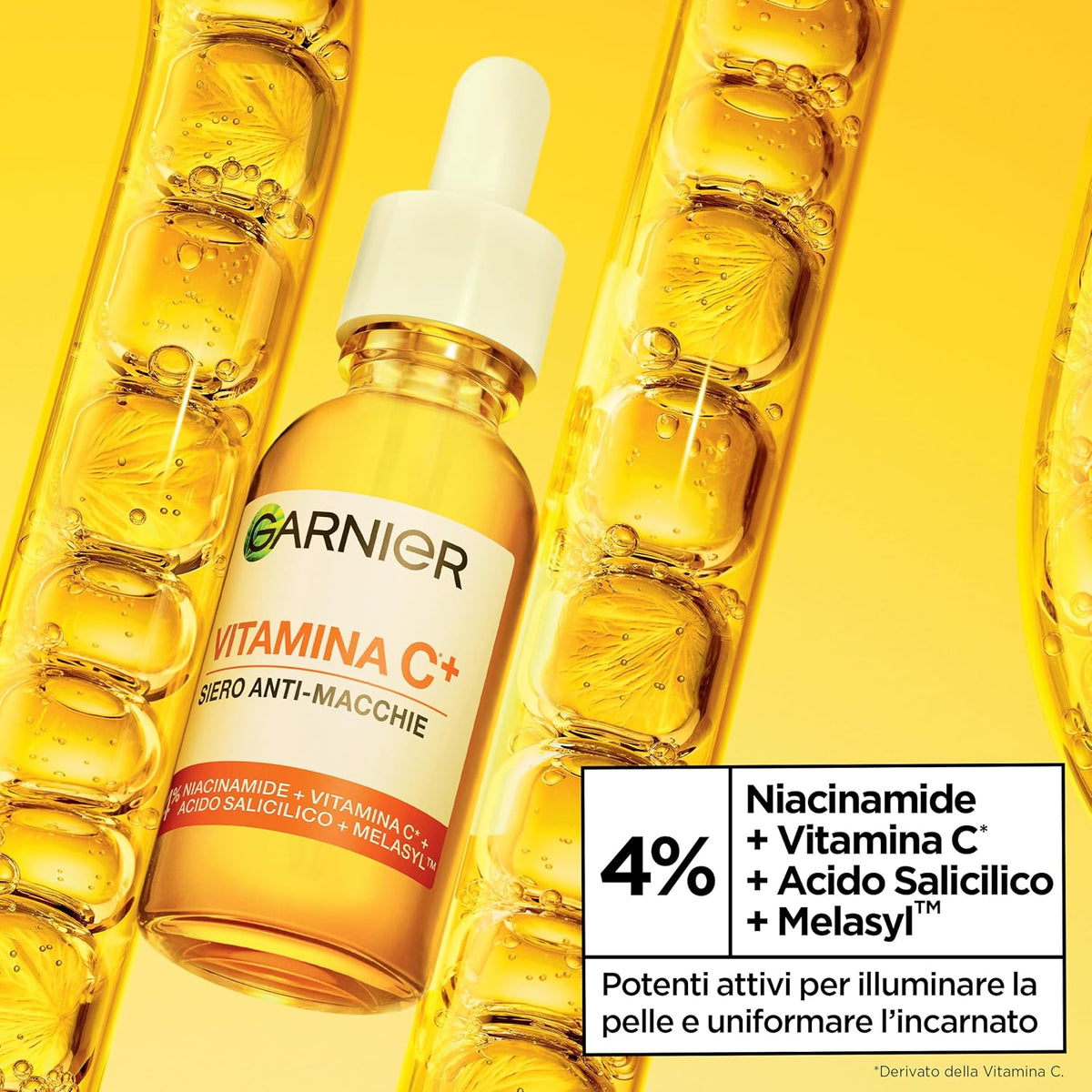 Garnier Siero Viso Vitamina C Anti-Macchie, Illuminante e Rimpolpante, Arricchito con Vitamina C, Niacinamide e Acido Salicilico, Pelle Libera dalle Macchie Scure in 6 Giorni, Incarnato Luminoso, 30ml