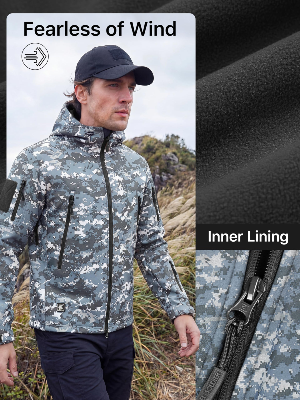 FREE SOLDIER Giacca Softshell Giacche Militari Softshell da Uomo Fodera in Pile da Esterno Giacca Antivento Impermeabile con Cappuccio Giacche tattiche Calde Multitasche per Escursioni di Caccia Uomo