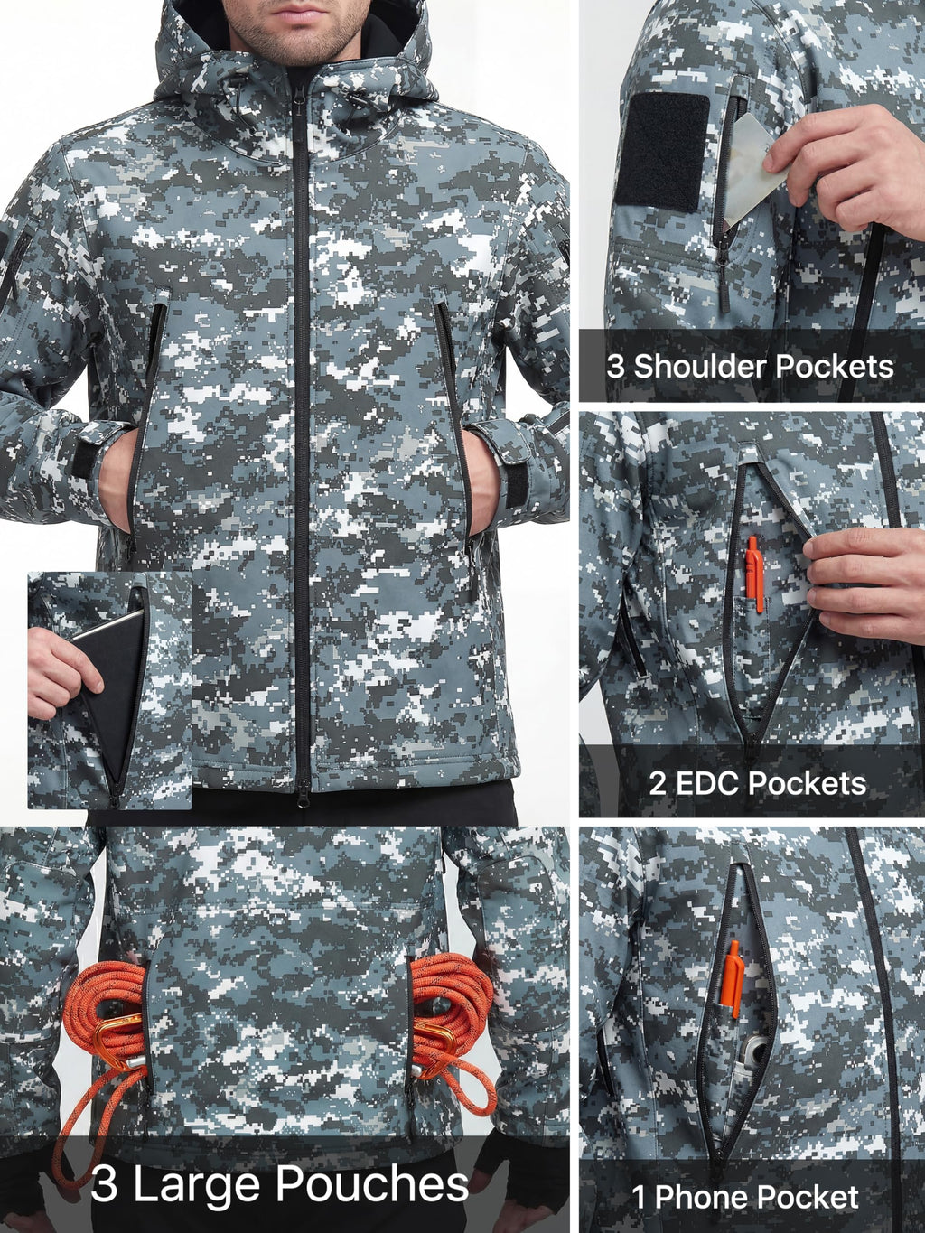FREE SOLDIER Giacca Softshell Giacche Militari Softshell da Uomo Fodera in Pile da Esterno Giacca Antivento Impermeabile con Cappuccio Giacche tattiche Calde Multitasche per Escursioni di Caccia Uomo