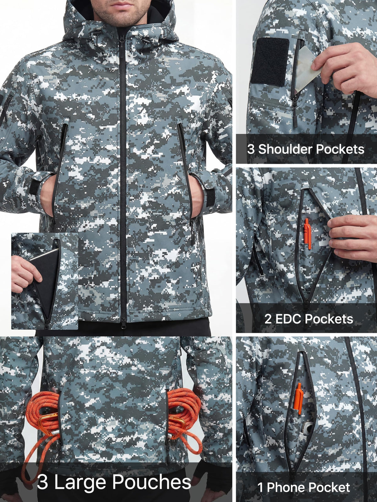 FREE SOLDIER Giacca Softshell Giacche Militari Softshell da Uomo Fodera in Pile da Esterno Giacca Antivento Impermeabile con Cappuccio Giacche tattiche Calde Multitasche per Escursioni di Caccia Uomo