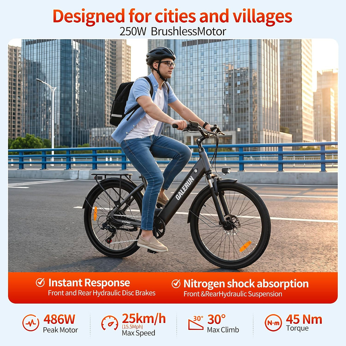 GaleRun E Bike 26‘ Biciclette Elettriche Freno Idraulico per Uomo/Donna,Motore Ruote,Autonomia Max120km,Batteria 468Wh (36V13Ah),7velocità,25km/h,per Pendolari Urbani -Grigio/Blu
