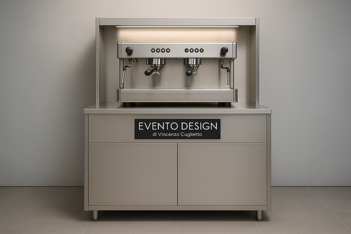 TAVOLO INOX AISI 304 PER MACCHINA CAFFÈ - 2 VANI A GIORNO CON TRAMOGGIA BATTIFILTRO E CASSETTO BATTIFILTRO - CM. 100X70X110H
