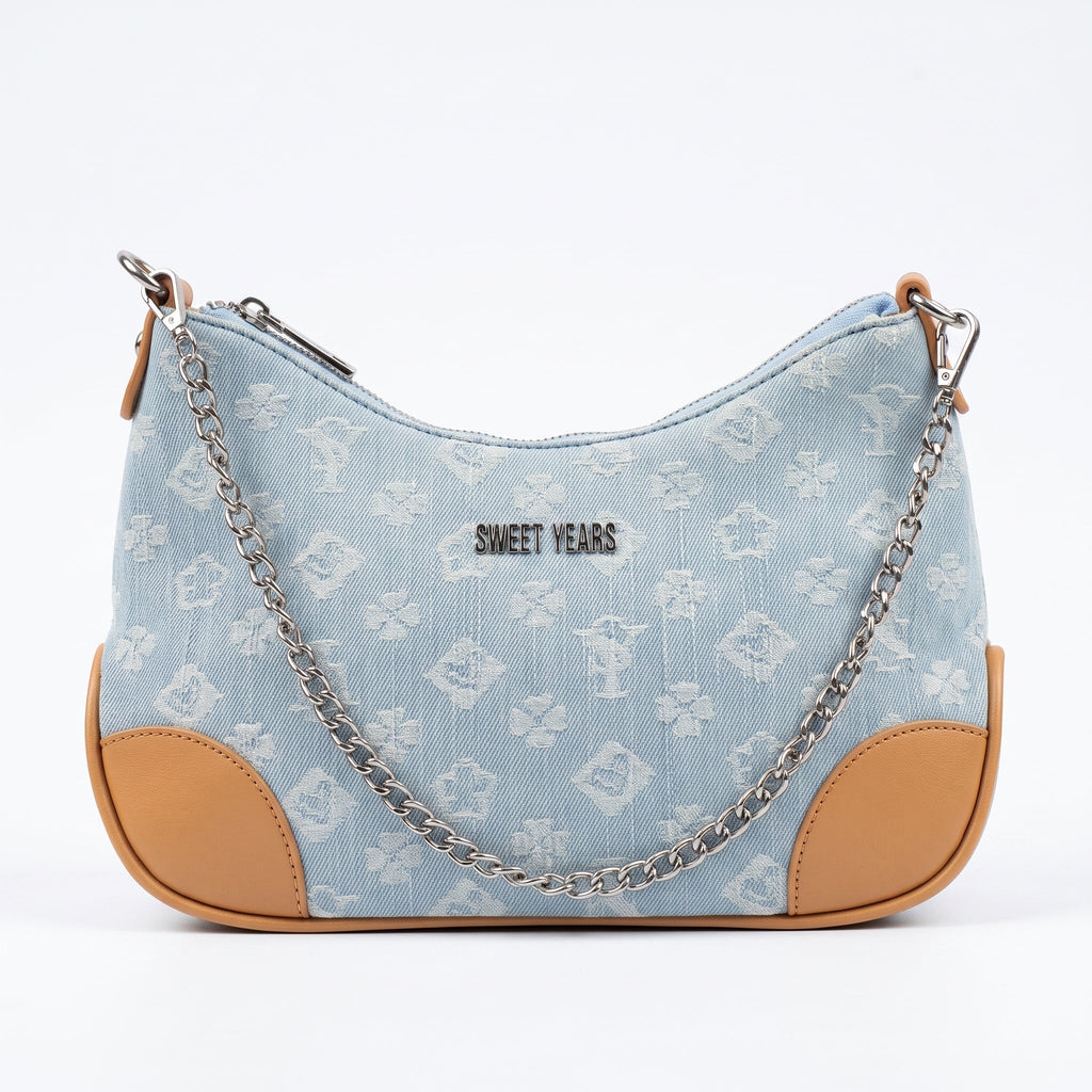 Sweet Years Borsa Hobo in Denim Jacquard con Catena e Tracolla Larga