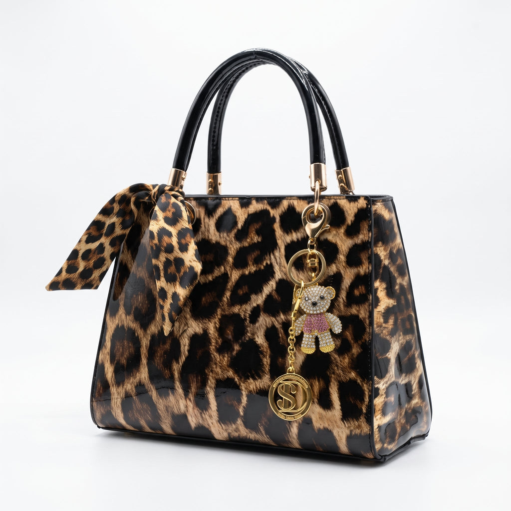Milano Borsa a Mano Animalier con Foulard e Ciondolo Orsetto