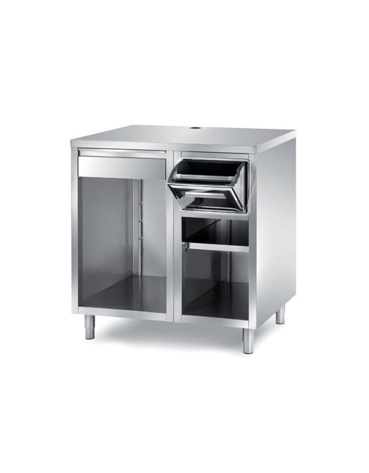 TAVOLO INOX AISI 304 PER MACCHINA CAFFÈ - 2 VANI A GIORNO CON TRAMOGGIA BATTIFILTRO E CASSETTO BATTIFILTRO - CM. 100X70X110H